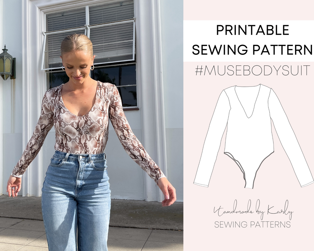 #MUSEBODYSUIT Long Sleeve Deep V Bodysuit Digital Pattern | US 2-14 | PDF Printable Instant Download Sewing Patterns